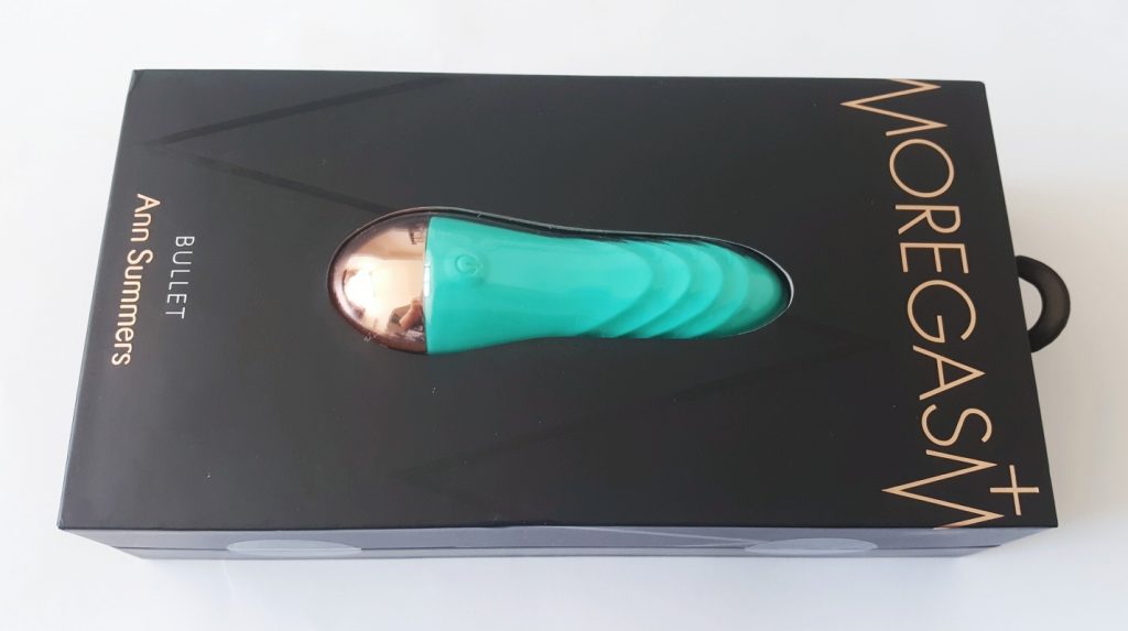 Photo of the Ann Summers Moregasm+ Bullet Vibrator. A rectangular box with window to show the vibe inside.