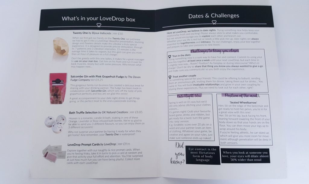 Photo of the LoveDrop Box Booklet open.