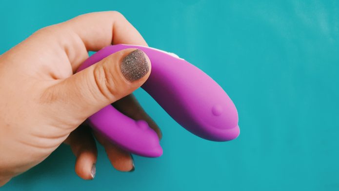 Image of the Lovehoney All Nighter Couples' Christmas Crackers purple Finger Vibrator on my finger.